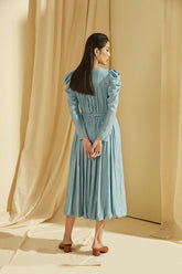 Silk Midi Dress with Pleated Draping, Puff Sleeves, and Braided Waist Detail for Timeless Elegance